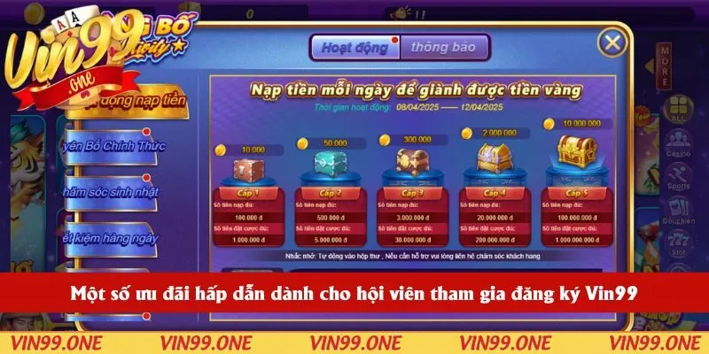 Một số ưu đãi hấp dẫn dành cho hội viên tham gia đăng ký Vin99